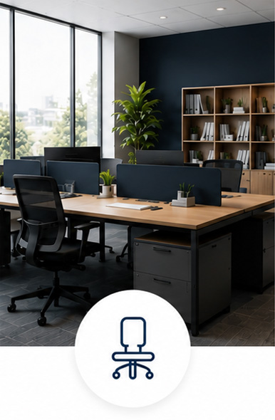 Modern office workstation with desk, ergonomic chair and shelving