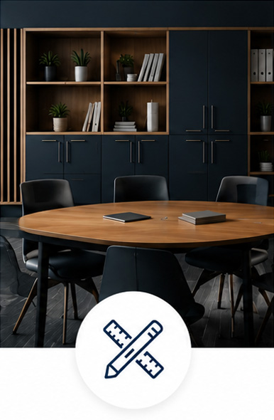 Boardroom with oval timber table, chairs and storage cabinets
