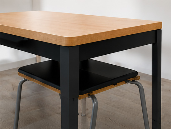 Timber-top school desk with steel frame and under-seat storage