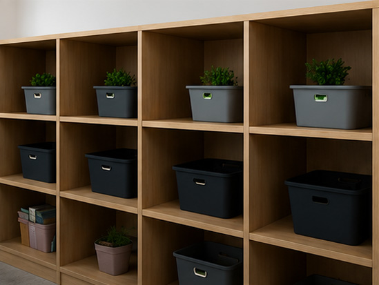 Timber storage shelving unit with grey and black storage boxes