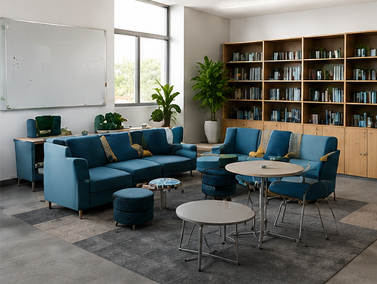 Library and breakout area with sofas, round tables and bookshelves