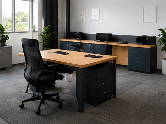 Office desk with pedestal drawers and ergonomic chair